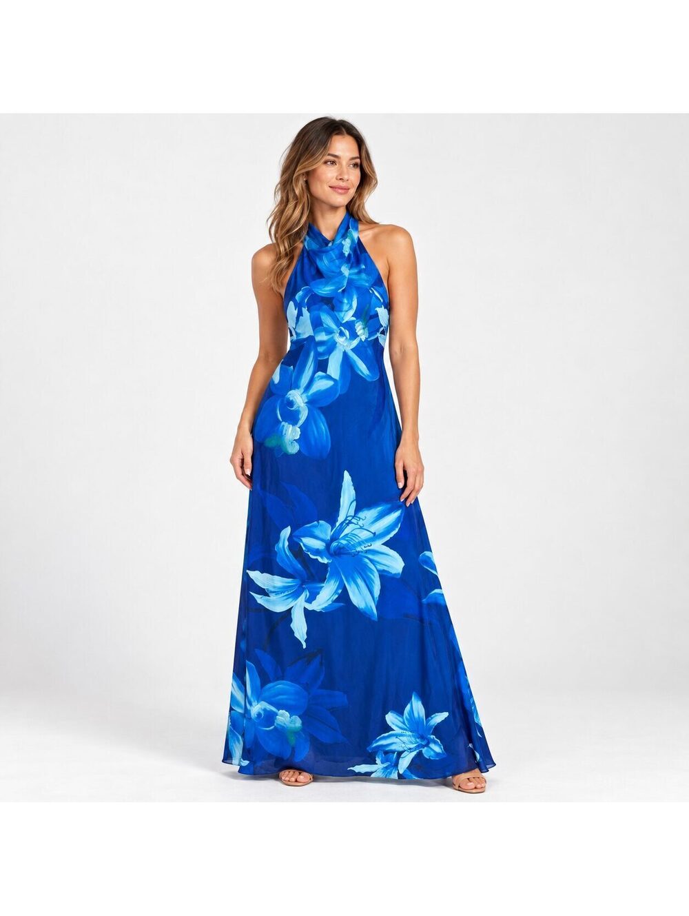 Betsy and Adam Blue Floral Halter Neck Maxi Dress Size 10